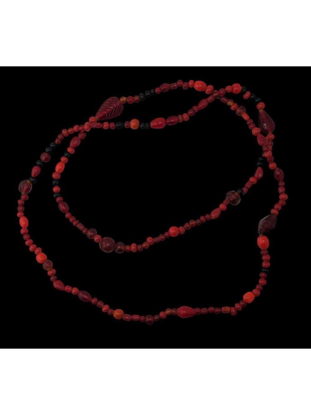 Boho Red Glass Beaded Long Necklace Black Orange Mixed Beads Artisan Festival St